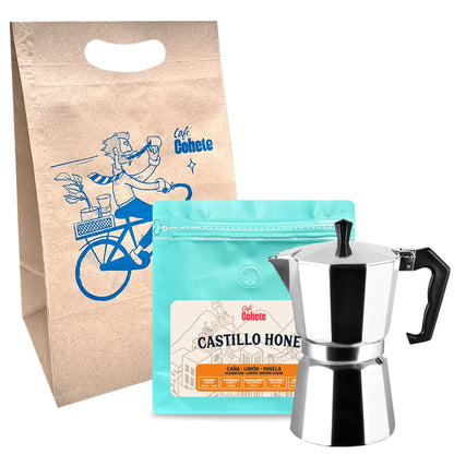 Kit cafetero con moka italiana de 3 tazas y café