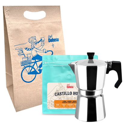 Kit cafetero con moka italiana de 6 tazas y café